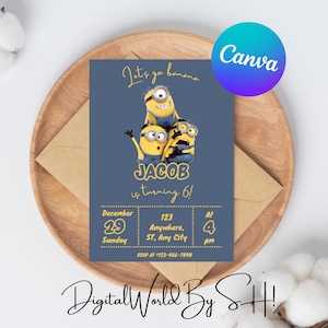 Modèle modifiable d'invitation d'anniversaire de Minion, invitations d'anniversaire de Minion, invitation d'anniversaire bleu et jaune, modèle numérique d'invitation de fête d'enfants