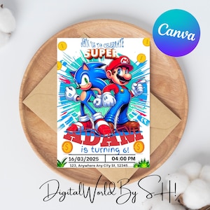 Convite de aniversário de Mario e Sonic | Convite para festa de aniversário de Sonic-Mario | Convite de aniversário para impressão e edição | Aniversário de meninos