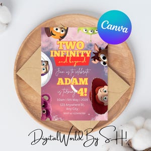 Two Infinity and Beyond Birthday Invitation | 2nd Birthday Toy Kids Birthday Party Invite | Digital Canva Template | Toys
