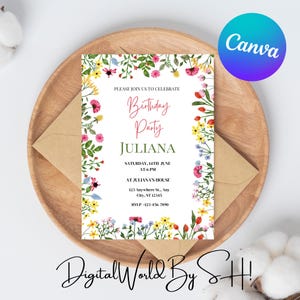 Wildflower Birthday Invitation Template, Editable First Birthday Girl Digital Template, Floral Bloom Birthday Party