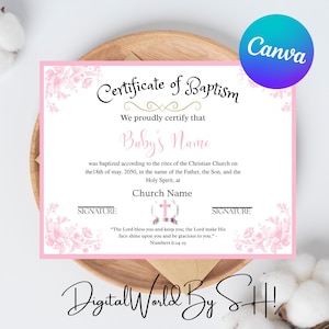 Certificado de Bautismo Rosa / Descarga Instantánea / Editar e Imprimir / Certificado de Iglesia / Imprimibles Religiosos / Certificado de Bautismo para Niñas