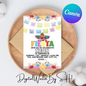 Fiesta Birthday Invitation, Fiesta Invitation, Mexican Theme Invitation, Mexican Papel Birthday Invite, Canva Editable Invitation Template