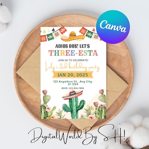 Three esta birthday invitation Editable three esta invite fiesta 3rd birthday Mexican Taco Cactus Cinco de Mayou Template Printable Digital