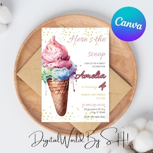 Editable Ice Cream Birthday Invitation 4th Birthday Party Here&#39;s the Scoop Cone Pink Mint Gold Purple Printable Editable Download