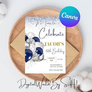 60th Birthday Invitation Blue Silver Template, Ladies Dinner Party Invite Printable, Balloons Decor, Editable Template Download
