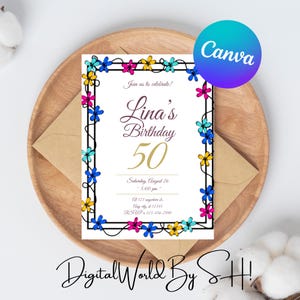 50th birthday invitation for women, 50 years boho floral birthday party invite template, editable adult birthday celebration invites