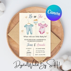 Pink and blue clothes baby shower invitation printable, he or she gender reveal party invitation, boy or girl baby shower invitation