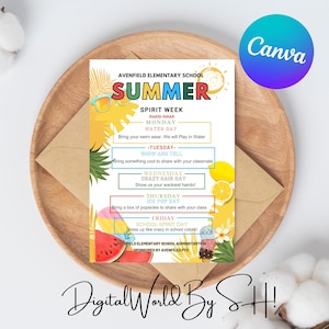 Summer Spirit Week Flyer Template, Editable, Printable, Summer Themed Spirit Week, Camp, PTO Flyer, Daycare School Spirit Week Planner
