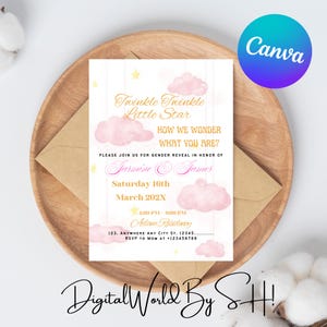 Gender Reveal Invitation, Twinkle Twinkle Little Star Gender Reveal Party Invite , Moon and Gold Stars Theme, Blue Pink Cloud Party Invite