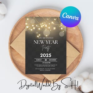 New Years Party Invitation, Holiday Party Invitation, Editable New Years Party Canva Download Printable, Gold Glitter New Years Invite 2024