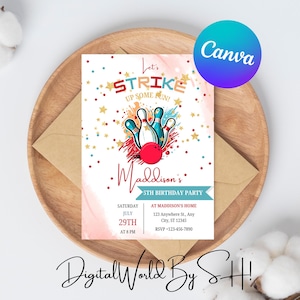 Bowling Party Invitation, Birthday Invitation, Girl Bowling Invite, Pins, Let&#39;s Strike Up Some Fun, Editable Evite Template, Editable Canva