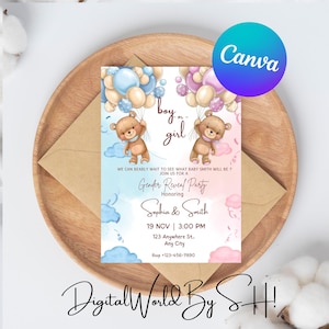 Invito modificabile per rivelare il sesso del bambino con orsacchiotto, modello di invito per la festa del bambino o della bambina, lui o lei, orso acquerello boho con palloncini