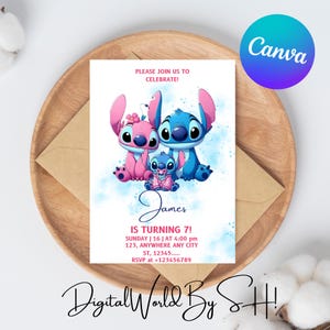 Stitch Editable Birthday Invitation, Printable Birthday Party Evite, Stitch Digital Kids Party Invite, Editable Canva Template, Download