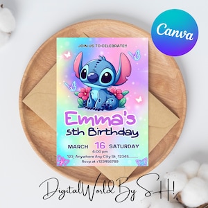 Convite de aniversário editável Stitch, convites para festa de aniversário infantil para impressão, convite digital para festa infantil, convite de aniversário Lilo e Stitch