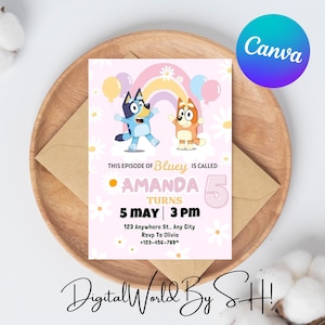 Invito per festa di compleanno per ragazze Bluey Bingo, bambini, rosa, cane blu, modificabile, modello Canva stampabile, modello digitale da scaricare immediatamente