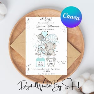 Editable Elephant Baby Shower Invitation, Blue Balloon Baby Shower Invite, Baby Boy Elephant Invitation Safari Printable Template