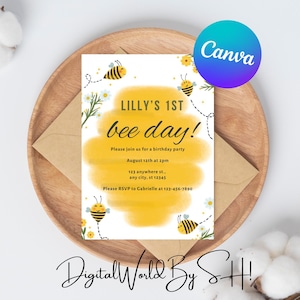 First Birthday Bee Invitation, 1st Bee-Day Invite With Photo, Instant Download, First Bee-Day Birthday Invitation, First Bee Day Invite,