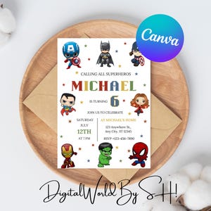 Convite de super-heróis dos Vingadores, modelo de convite para festa infantil digital, modelo de convite de aniversário de super-herói editável, cartão dos Vingadores do Homem-Aranha