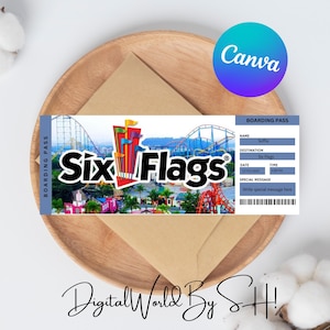 Bilhete-presente surpresa SIX FLAGS. Cartão de embarque. Bilhete de viagem. Bilhete de admissão. Download instantâneo. Arquivo PDF editável.