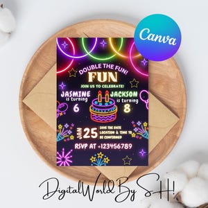 Faire-part d'anniversaire commun néon, faire-part d'anniversaire de frères et sœurs, faire-part d'anniversaire double, faire-part de jumeaux combinés, carte d'anniversaire conjointe