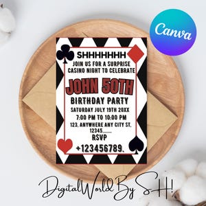 Editable Casino Birthday Invitation, 21st 30th 40th 50th Poker Birthday Party, Casino Night, Casino Retirement, Playing Cards Poker CANVA