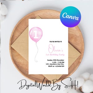 Invito per festa di compleanno con palloncino rosa acquerello modificabile, inviti di compleanno personalizzati - 1°, 2°, 3°, 4°, 5°, 6°, 7°, 8° - qualsiasi età
