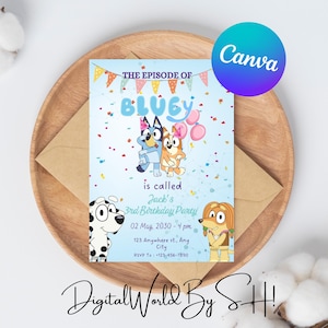 Bluey bewerkbare verjaardagsuitnodiging digitale verjaardagsuitnodiging verjaardagsfeestje digitale verjaardagsfeestje uitnodiging blauwe hond jongens meisjes Instant Download sjabloon