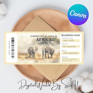 Bilhete-presente surpresa para viagem à África - Você vai para a África - Imprimível, voo, cartão de embarque, editável, download instantâneo, impressão de viagem