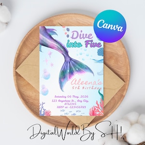 Editable Dive into Five Mermaid Purple Teal 5th Mermaid Birthday Little Mermaid Invite Printable Template Instant Download
