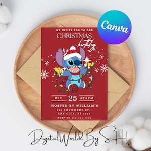 Costurar convite de Natal Costurar convite de aniversário Costurar festa Costurar convite editável de aquarela de Natal Costurar cartão digital