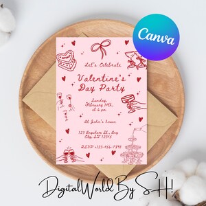 Hand Drawn Galentine&#39;s Party Invitation Template, Ladies Valentines Day Party Brunch, Editable Galentine&#39;s Night Pink Red Doodles Invite