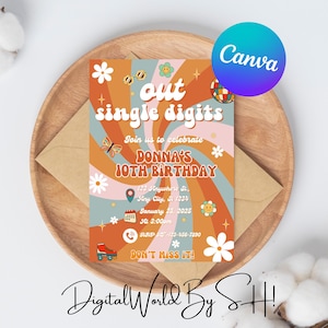 Editable Peace Out Single Digits Birthday invitation Fall Groovy 10th Birthday Invite Daisy Rainbow Printable Instant Download