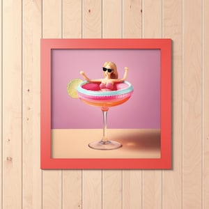 以下が含まれることがあります： ピンクとブルーのマルガリータグラスに、サングラスをかけた人形がドリンクに浮かんでいます。