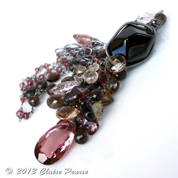 oOo Reserved oOo SALE 40% OFF - Wire Wrapped Necklace, Plum and Smokey Quartz, Oregon Sunstone, Oxidized Silver - Belle De Louvain