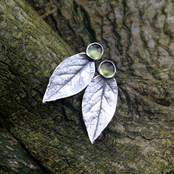 Sterling Silver Rose Leaf Stud Earrings, Peridot Silver Stud Earrings, Silver Peridot Leaf Studs, August Birthstone Earrings, Leaf Jewellery