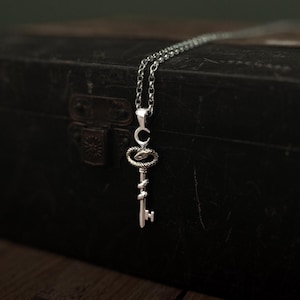 May include: A silver key pendant necklace with intricate detailing. The key has a snake coiled around its stem and a decorative loop. The necklace is suspended against a dark, textured backdrop.