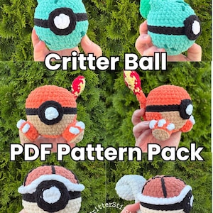 May include: A collection of three crocheted plush toys shaped like spheres with black and white center details. The top toy is mint green, the middle is orange with a flame-like tail, and the bottom is brown and tan. Text reads Critter Ball PDF Pattern Pack.