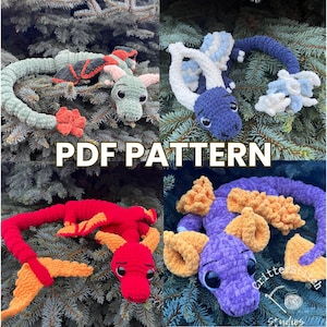 May include: Four crocheted dragon amigurumi patterns in different colors: green, blue, red, and purple. The patterns are displayed on a background of green pine branches. The image includes the text "PDF PATTERN" and "Critter Stitch Studios".