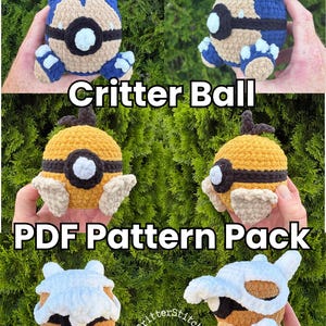 Könnte beinhalten: Eine Sammlung von drei gehäkelten Plüschfiguren in Kugelform, jede mit einem Mittelband und einem runden Knopfdetail. Der Text Critter Ball PDF Pattern Pack ist über den Bildern dieser blauen, gelben und braunen Kreaturen zu sehen.