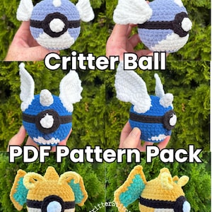 May include: Three crochet plush toys shaped like spheres with wings, featuring black bands and central white circles. The top two are light and dark blue, while the bottom one is yellow with teal accents. Text reads Critter Ball PDF Pattern Pack.