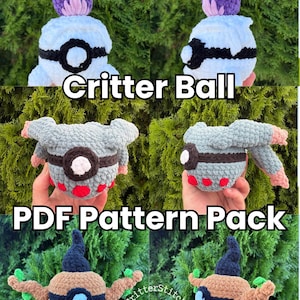 May include: A collection of three crocheted plush toys labelled Critter Ball PDF Pattern Pack. The toys include a white and purple creature, a grey creature with red accents, and a brown creature with green accents, all featuring a central eye.