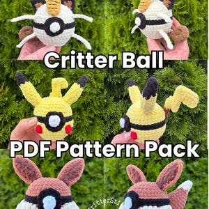 May include: A collection of three crocheted plush toys shaped like spheres with character features, including a cream-colored one, a yellow one with red cheeks, and a brown one with a white ruff. The text Critter Ball PDF Pattern Pack is visible.