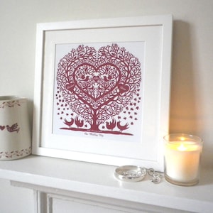 Record that special occasion with this romantic Treeheart with Songbirds folk art inspired personalised print.