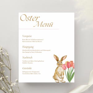 Modello di menu di Pasqua, disegno ad acquerello, coniglietto pasquale, tulipani, personalizzabile, fai da te, personalizzato, menu, Pasqua, festa di primavera, digitale, download