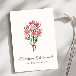 Carte anniversaire, anniversaire, joyeux anniversaire, carte anniversaire, noble, fleurs roses, carte anniversaire chic, fine, beige, rose, vert, carte postale