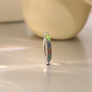 Puede incluir: Un aro de plata para la oreja con una incrustación de ópalo verde, azul y morado.