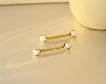 Gold Nipple Ring Body Piercing Jewelry White Opal Straight Barbell Nipple Shield piercing Jewelry   G23 Titanium 14G