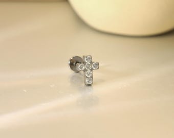 Cross CZ Lip Rings Labret Jewelry Cartilage Earring Monroe Piercing Internally Threaded Labret Stud Titanium Flat Back Stud Earrings