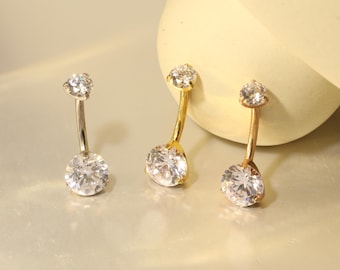 Round CZ Double Sparkle CZ Navel Barbell Belly Button Navel Piercing Ring  G23 Titanium 14G Minimalist Barbell Shiny Belly Button Ring