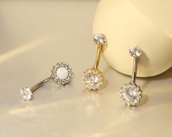 Flower-shape CZ/Opal Belly Button Rings Navel Piercing Ring Double Sparkle CZ G23 Titanium 14G Curved Barbell Belly Piercing